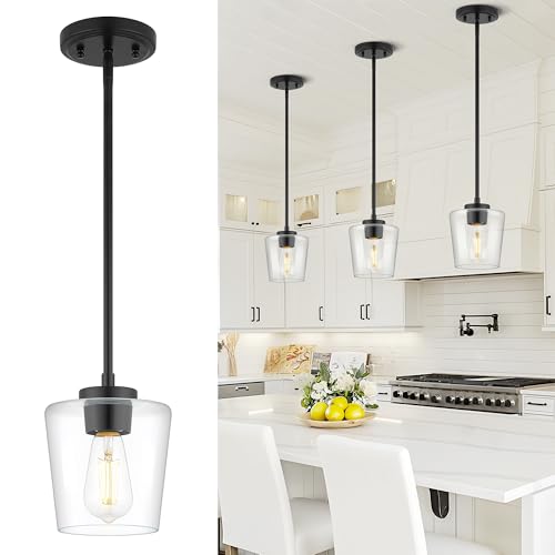 Image of Black Pendant Light for Kitchen Island, 6 inch Clear Glass Shade | Modern Hanging Light Fixture, Kitchen Pendant Lighting Over Island for Dining Room, Adjustable Height, AD-22004-1P-BK-C