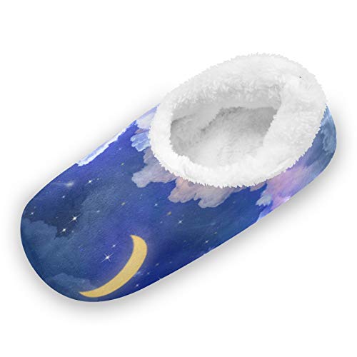 TropicalLife LUCKYEAH Moon Star Galaxy Space House Pantuflas para mujeres y hombres, zapatillas de pies peludos, cómodas y cálidas de espuma viscoelástica, zapatillas de felpa para interiore