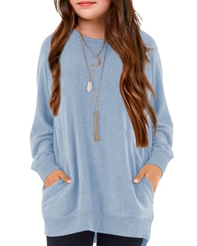 Image of Girls Shirts for 6-13 Years Long Sleeve Crewneck Tops with Pockets
