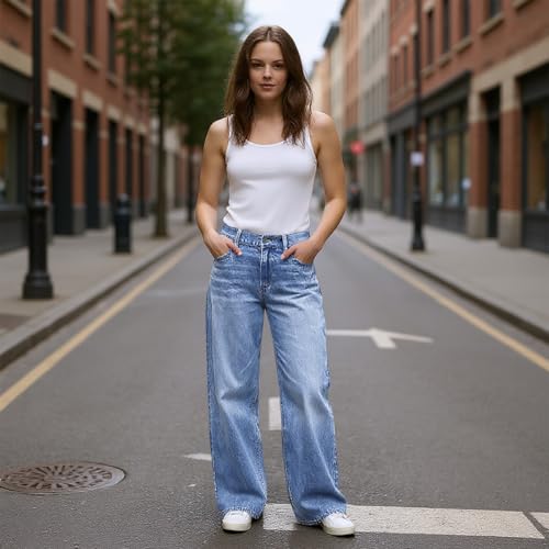 Wide Leg Jeans Woman Baggy Straight Leg Mid Rise Jeans Cute Distressed Stretchy Boyfriend Work Jean with Pockets4