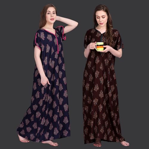 Image of Women's Alpine Botanical Leaves Print Maxi Nightgown with Pocket
