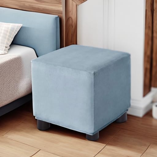Bifaunvogel Ottoman Cover Square Velvet Storage Ottoman Slipcovers Thick Stretch Footrest Foot Stool Covers Protector with Elastic Band(Small-Light Blue) Light Blue 13"D x 13"W x 15"H