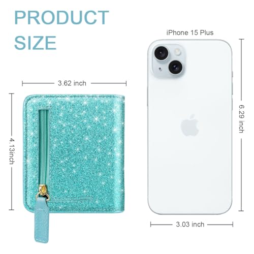 Image of Small Womens Glitter Wallet Thin Credit Card Holder Pocket | Compact Women Slim RFID Blocking Bling Wallets Bifold Ladies Mini Purse Pocket for Travel & Daily Use, Blue Green