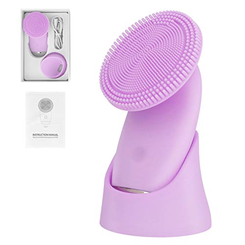 Powered Facial Cleansing Brush Waterproof Powered Silicone Face Care Massage Cleaner Rechargeable Electric Sonic Face Scrubbers with Full Cleaning for Women & Man All Skin Types (Purple)