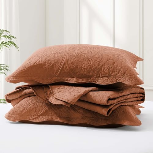 IR Imperial Rooms Twin Quilt Bedding Set Size (68” x 86”) + 1 Pillow Shams (20” x 26” + 2”) - 2 Pcs All Season Lightweight Reversible Microfiber Coverlet Floral Embossed Quilt Bedspread (Rust)