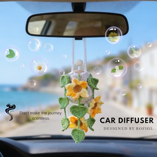 Image of ROFIGL Handmade Crochet Hanging Car Air Freshener - Sunny Sunflower Design, 12ml Refillable Thick Glass Bottle, Car Diffuser for Rearview Mirror, Home & Office Cheerful Decor