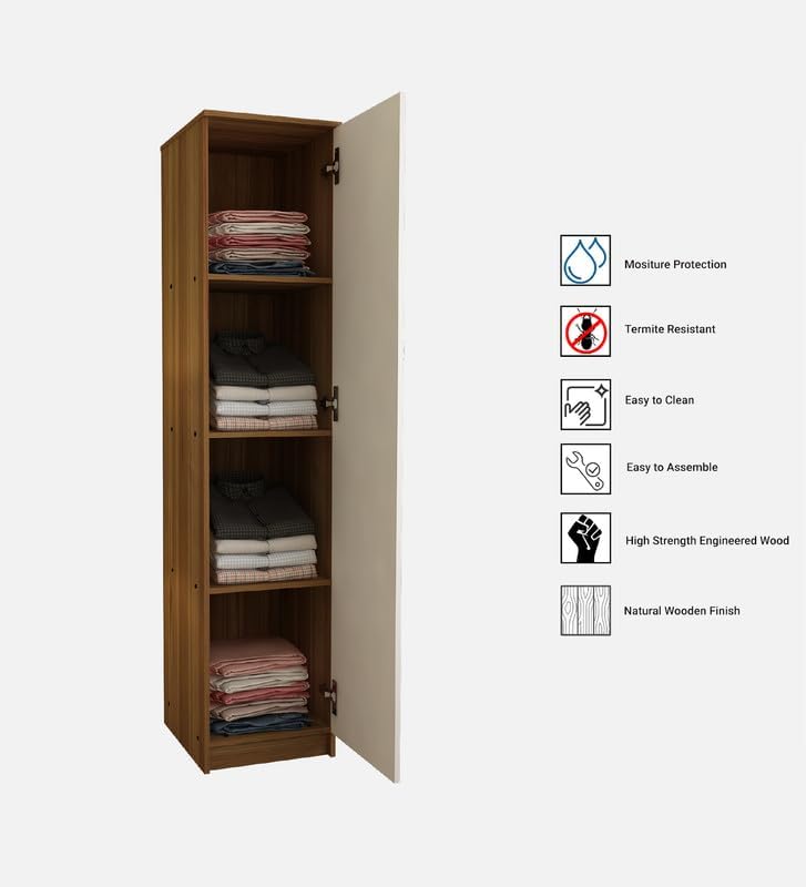 Image of Sonic Multipurpose 1-Door Wardrobe | Engineered Wood | 4 Spacious Shelves & Drawer | Lyon Teak & White Finish | Compact & Durable | Easy Knock-Down Assembly