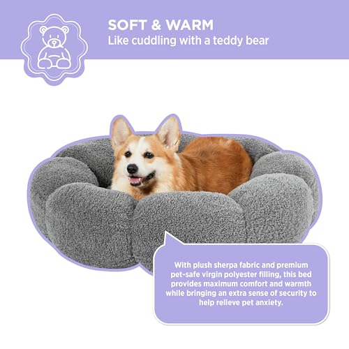 lesure calming large dog bed - flower donut round fluffy puppy bed in plush teddy sherpa non-slip cute flower dog beds large pet bed fits up to 100 lbs machine washable grey 3634