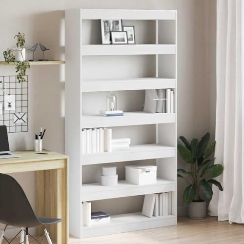 Mokuyary Librero blanco de 100 x 30 x 198 cm, estantería de madera de construcción, bandeja abierta, estante de pie para sala de estar, oficina en casa, comedor
