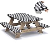 Kepairtia Picnic Table Cover with Bench Covers 3 Pieces Set Vinyl Tablecloth with Flannel Backing and Elastic Edge, Fitted Table Covers for 6 Foot Rectangle Tables for Camping