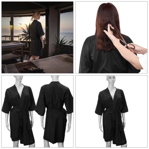 Bata de baño y spa negra de nylon impermeable YARNOW con cinturón ajustable para peluquerías 3
