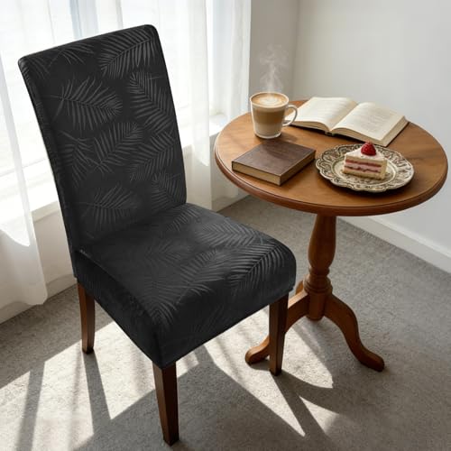 Alishomtll Stuhlhussen 6er Set Universal Stretch Kurzflor Stuhlhussen Schwingstuhl Elastische Abnehmbare Blättern Stuhlbezug Waschbarer Hussen für Stühle für Esszimmer Hotel Bankett (Schwarz, 6 Stück)