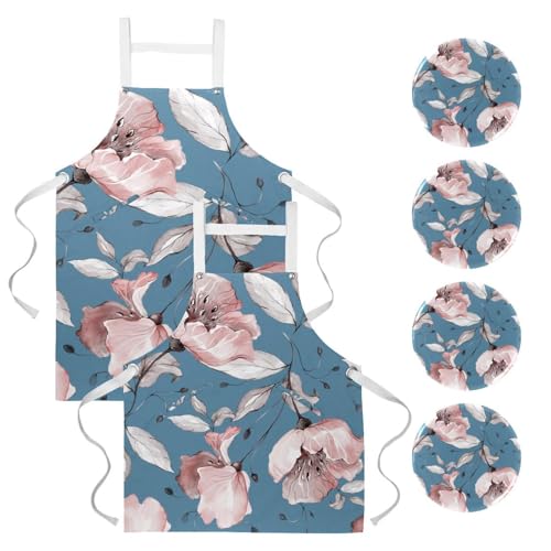 Lot de 2 tabliers de cuisine à motif fleur bleue réglables pour la pâtisserie