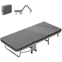 Folding Bed with Mattress for Adults, Portable Single Foldable Bed, Metal Strong Frame Strong Load-Bearing Capacity, with 1.2-Inch Thick Mattress Space-Saving, Easy to Store,Gray,80cm31.5in