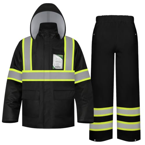 Image of TCCFCCT Hi Vis Rain Jacket and Pants for Men with Back Fabric, Black, L-XL