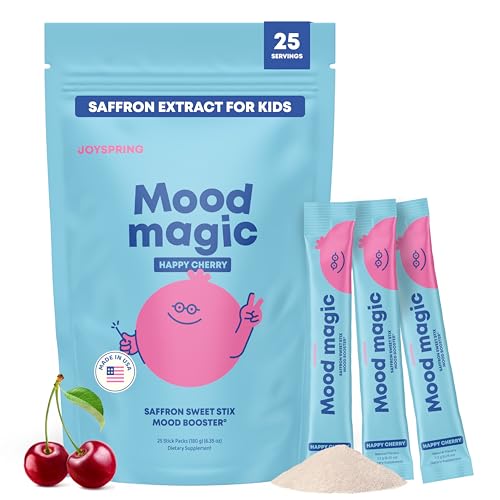 JoySpring Saffron for Kids – Natural Mood Magic Pixie Sticks with Magnesium Citrate & Vitamin D3 – Herbal Saffron Extract Drink Mix, Sugar Free Cherry Lime Flavor Powder | 4+ Years | 25 Servings