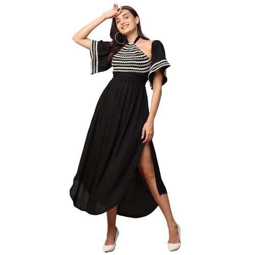 Image of DEEBACO Solid Rayon A-Line Slit Dress for Women's|Off Shoulder Short Bell Sleeve Maxi Dress with Pockets|Summer Western Party Casual Wear Dress for Ladies