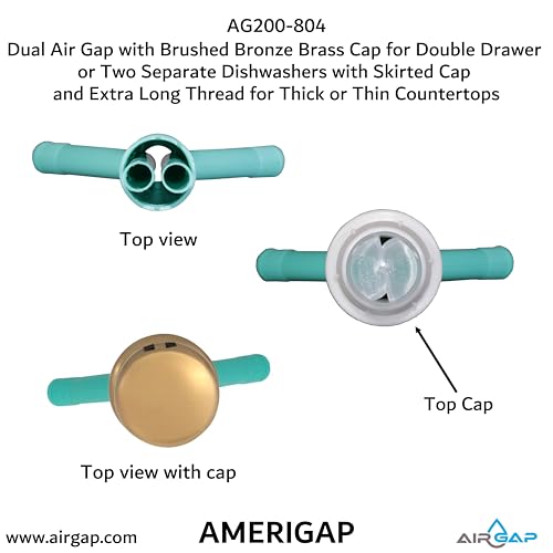 Image of Dual Air Gap with Brushed Bronze Brass Cap for Double Drawer or Two Separate Dishwashers with Skirted Cap and Extra Long Thread for Thick or Thin Countertops (AG200-804, AG200-X04, AMERIGAP)