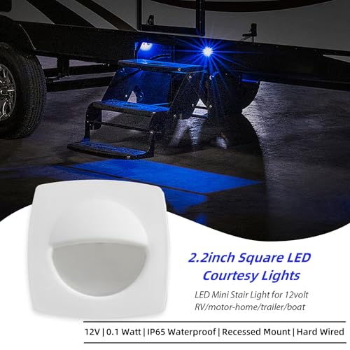 Dream lighting 12 Volt Marine Boat Interior Courtesy Lights LED Stair Step Deck Light for RV Boats Trailer White Shell, 0.1watt, 2.2inch, Recessed Mount Fixture, Blue Lighting, Pack of 6 - Thumbnail 2