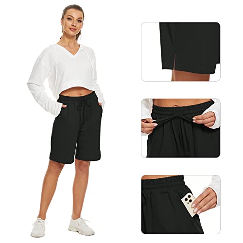 Sicvek Knee Length Women Bermuda Shorts Elastic Waist Drawstring Athletic Long Shorts Casual Summer Yoga Shorts(Black,Xl) #TOP4