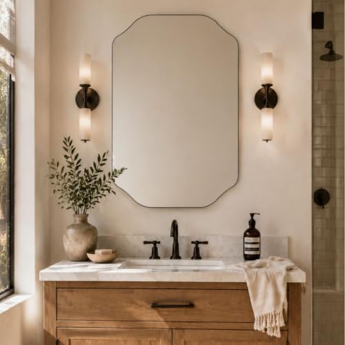 Image of TEHOME 24x36'' Scalloped Oil Rubbed Bronze Bathroom Vanity Mirror, Rectangle Metal Framed Bathroom Mirror