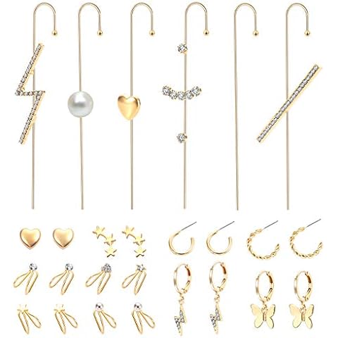 26 Pcs Ear Wrap Crawler Hook Earrings Helix Cartilage Ear Cuffs butterfly Open Hoops Earrings Sparkly Rhinestone Climbers Ear Jewelry for Women Girls Cover