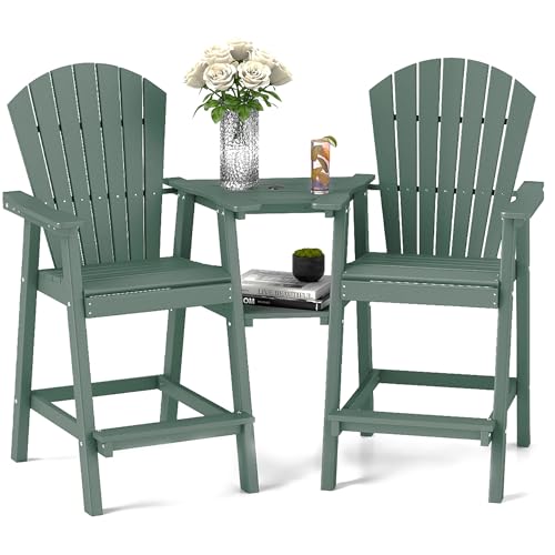 FOOWIN Tall Adirondack Chair Set of 2, All Weather HDPE Bar Height Adirondack Chair with Double Connecting Trays, Adirondack Barstools for Balcony, Deck, Backyard, Patio, Garden Dark Green