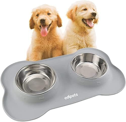 Edipets, Comedero Perro Gato y Mascotas, Bebedero Perro Gatos, Doble Plato Extraíble de Acero Inoxidable, Base de Silicona Antideslizante (Tamaño M – 480 Gr, Gris)