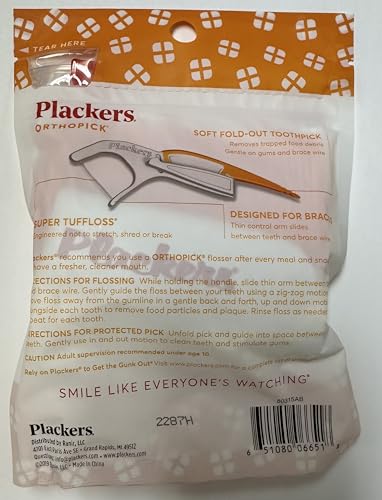 Plackers Fio dental Orthopick para aparelhos, pacote com 4 (36 fio dental cada)