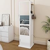 anwickjeff 360° Rotating Storage Cabinet with Full-Length Mirror, Rotating Storage Tower with 6 Shelves & Hooks for Entryway, Living Room, Bathroom Organization,Small Apartments (White)