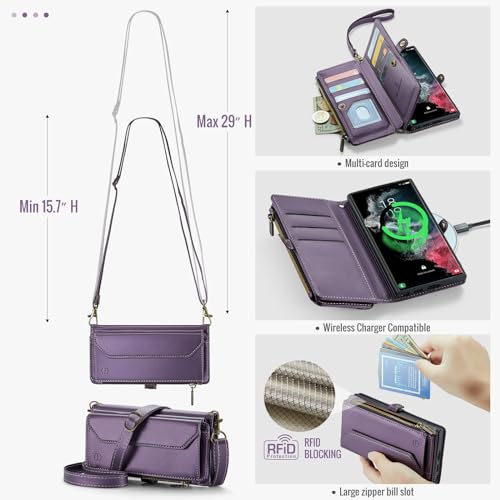 Strapurs Crossbody Wallet Case Compatible with Samsung Galaxy S22 Ultra 5G RFID Blocking 10-Card Holder Soft PU Leather Magnetic Snap Strap Zipper Pocket Phone Case Fit for Galaxy S22 Ultra - Purple by Strapurs - Used condition - Image 8