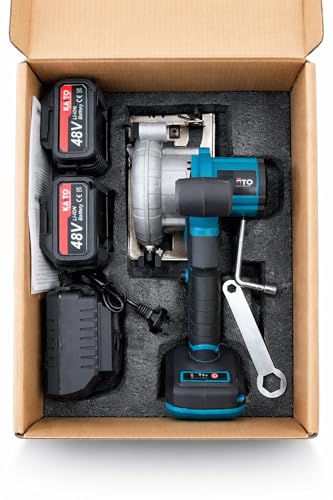 Image of KAITO 5 Inch Cordless Circular Saw (48V) | Brushless Motor Marble & Tile Cutter | 3000 RPM Portable Electric Saw | Wood, Metal, Ceramic Cutting Tool with 2 Batteries & Charger