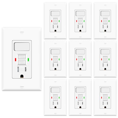 10 Pack GFCI Outlet with Light Switch - 15 Amp Tamper-Resistant Self-Test GFI Switch Combo, LED Indicator, Ground Fault Circuit Interrupter, ETL Listed, White