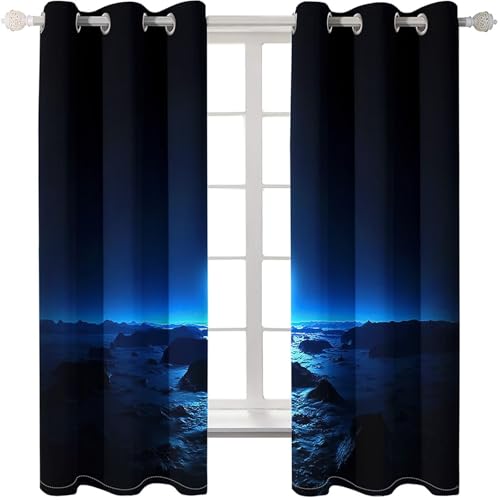 Homxi Cortinas Salon Blackout Modernas 2 Piezas,2 x 234W x 214H CM,Cortinas Salon Ojales Playa y Luna Cortina Salón Negro Azul Oscuro