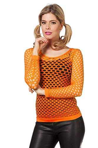 Camiseta de malla de manga larga para mujer, para carnaval de los años 80 (naranja neón, para adultos)