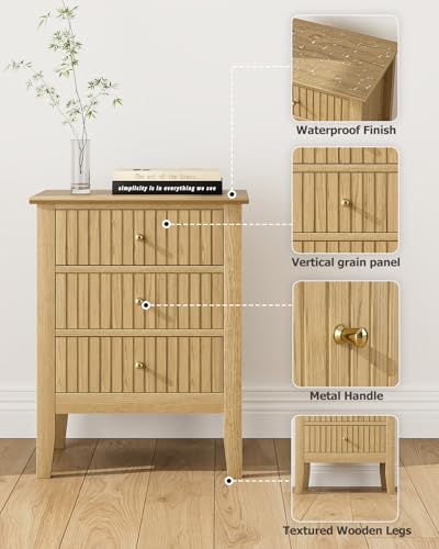 Image of Fluted Nightstand, Farmhouse Night Stand with 3 Drawers, Mid Century Modern Side Accent Table,Bedside End Table for Bedroom, Living Room, Oak