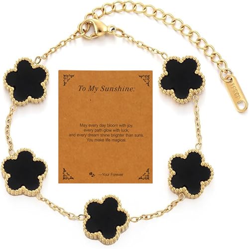 18K Gold Plated Five Leaf Clover Bracelet for Women Stainless Steel Lucky Charm Adjustable Chain Dainty Jewelry Gift for Birthday Anniversary