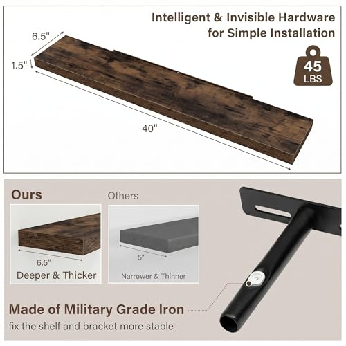 Image of Acovy 40in Long Floating Shelves for Wall Set of 2, Wood Wall Shelves for Bathroom Bedroom Kitchen Living Room Laundry Room, Modern Floating Shelf for Home Decor