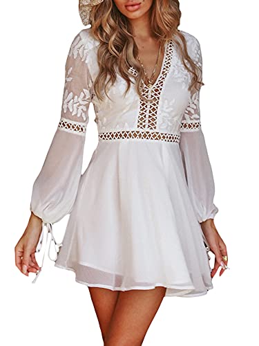I3CKIZCE Mini vestido de cóctel para mujer, estilo casual, cuello en V, color liso, de manga larga, transparente, con cordón bordado, de encaje chic, Color blanco., L Cover