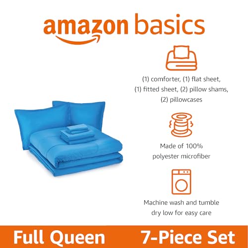Image of Amazon Basics 7-Piece Soft, Easy-Wash Microfiber Kid's Bed-in-a-Bag Bedding Set with Sheet and Comforter, Full /Queen, Blue, Soft Solid
