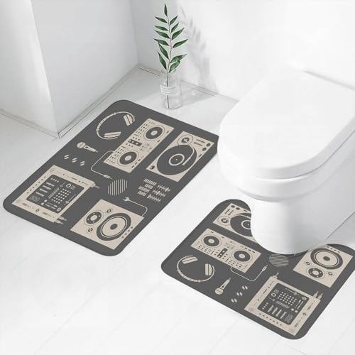 FEHWI Set Tappeti Bagno 2 Pezzi in Microfibra - Tappetino da Bagno Morbido e Antiscivolo - Durevole e Assorbente,Set di apparecchiature musicali per DJ retrò, semplice giradischi Shadow, altoparl