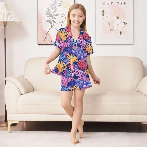 ALAZA Coral Reef Sea Satin Pajamas Set Short Sleeve Button Down Sleepwear Summer Pjs 2 Piece3