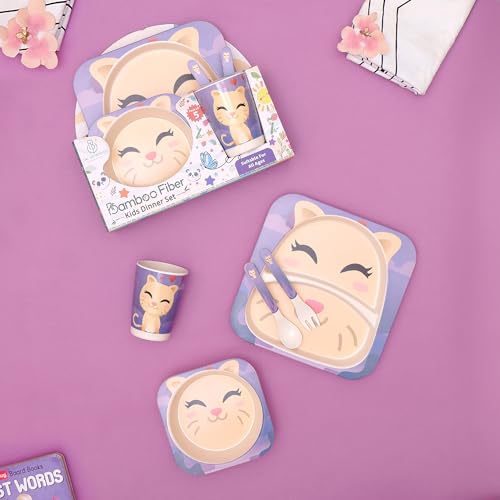 Image of Bamboo Kids Feeding Set of 5 |Kids Crockery Set Tableware |Baby Utensils and Dishes Set | Eco-Friendly |Organic & Natural (Purrfect Kitty)