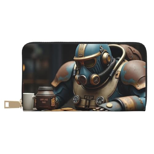 Retro Blue Robot Print Wallet Women, Leather Bifold Multi Card Wallet, Long Purse Women's Wallets