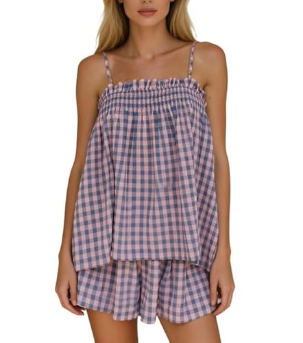 Image of SOOKABEILA Women 2 Piece Lounge Set Sleeveless Striped Cami Peplum Top Boxer Shorts Loose Ruffle Matching Pj Sets Outfits