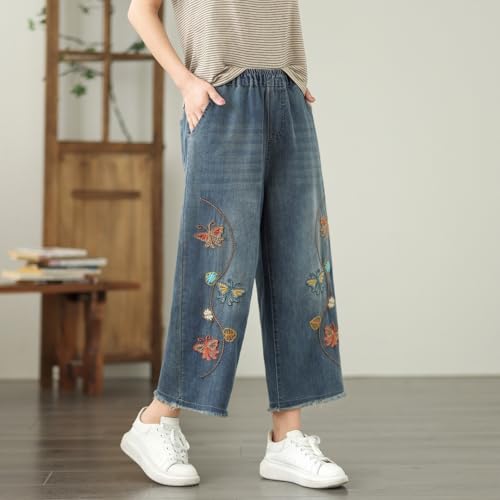 Women Embroidered High Waist Jeans Women Casual Ripped Cropped Pants4