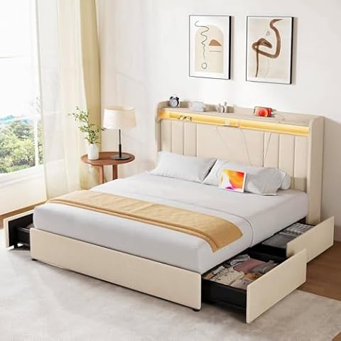 koorlian Queen Size Upholstered Bed Frame with 4 Storage Drawers and 51'' Tall Headboard Wingback Platform Bed Frames with RGB LED & USB Charging, 3 Adjustable Height, Noise-Free/Metal Support, Beige Cover