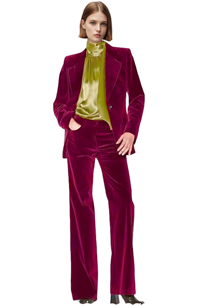 Botong Velvet Womens Formal Suit Set Peak Lapel Office Work Outfit Professional Business Suit Fuchsia L