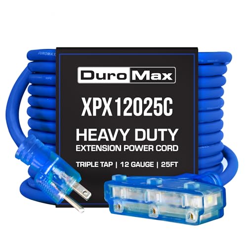 DuroMax XPX12025C Heavy Duty SJEOOW 25-Foot 12 Gauge Blue Triple Tap Lighted Extension Power Cord