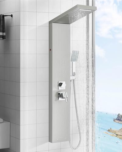 TVTIUO Sistema de Panel de Ducha LED de Panel de Ducha 5 en 1: Lluvia,Cascada,2 Chorros de Masaje Corporal Ducha de Mano y Boquilla -Acero Inoxidable